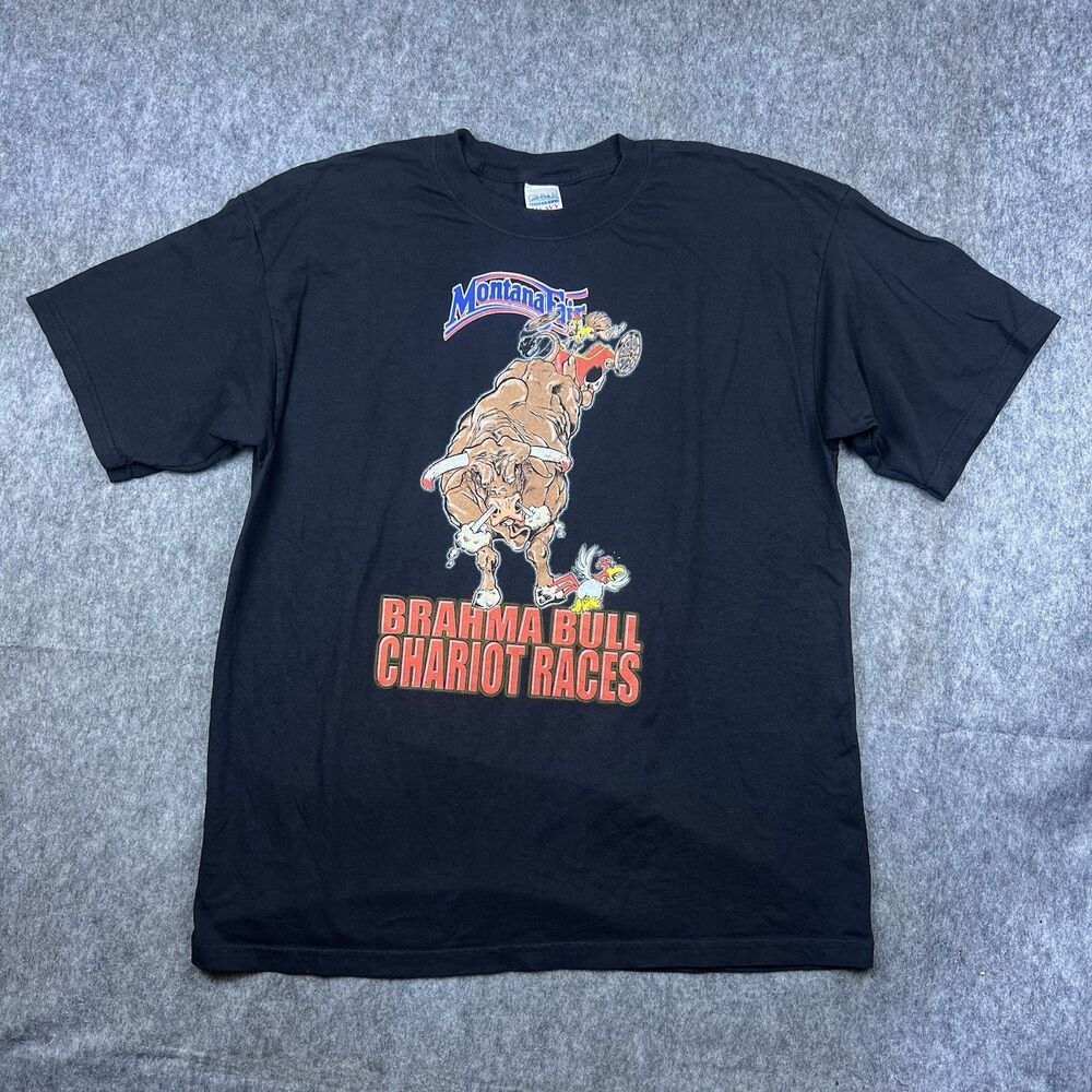 Vtg Montana Fair Men's T-Shirt Brahma Bull Chariot Races Western Cowboy Size XL